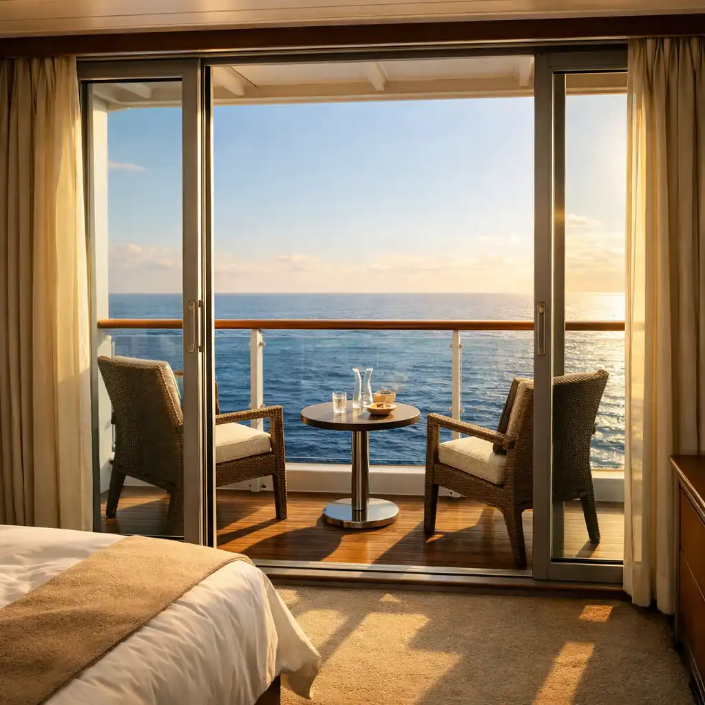 A balcony cruise cabin with floor-to-ceiling glass doors open to a private veranda, two chairs and a small table, and an ocean horizon in the distance.