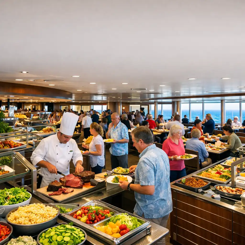 A bustling cruise ship buffet with multiple food stations offering colorful salads, carved meats, and international dishes.