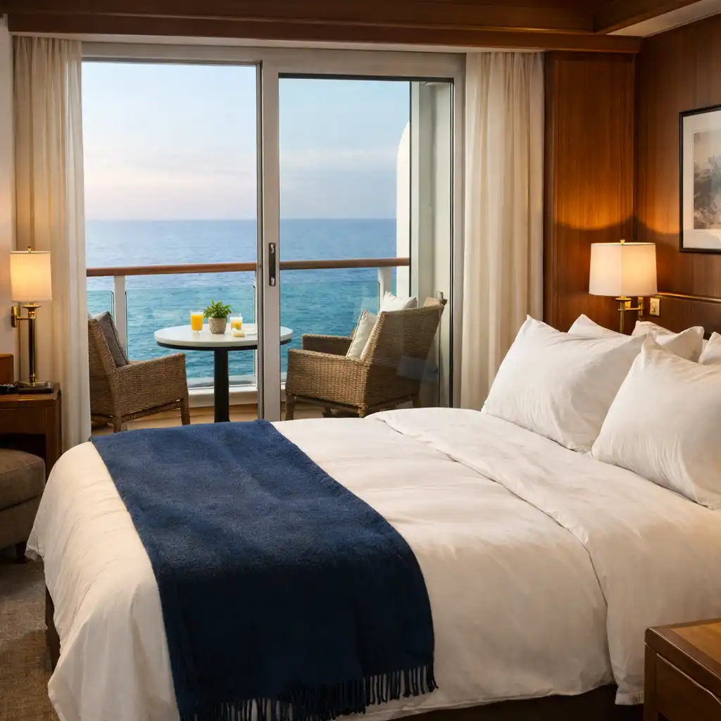 A stylish cruise ship cabin with a king bed, warm wood paneling, and a glass door opening to a private balcony overlooking the sea