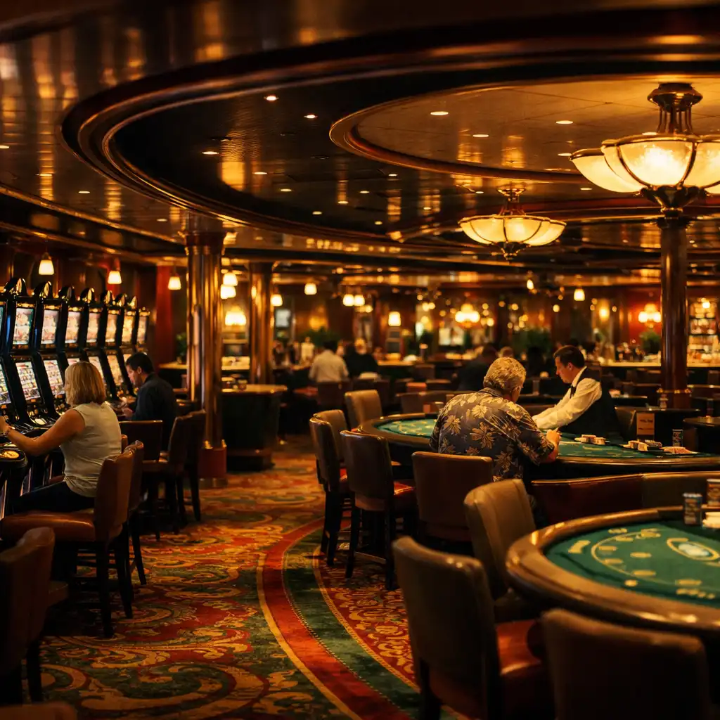A cruise ship casino floor with rows of gaming tables under warm golden lighting