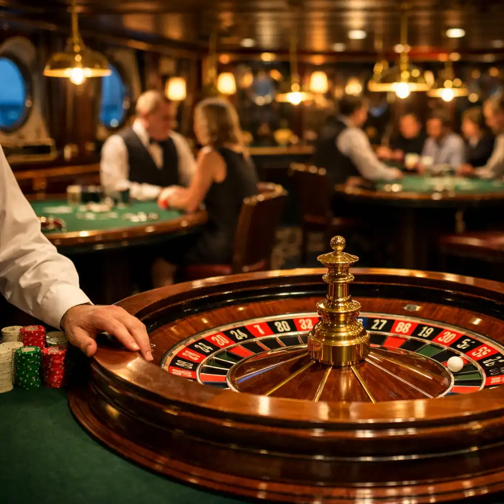 An atmospheric shipboard casino interior with warm lights over green felt tables and a roulette wheel in the foreground