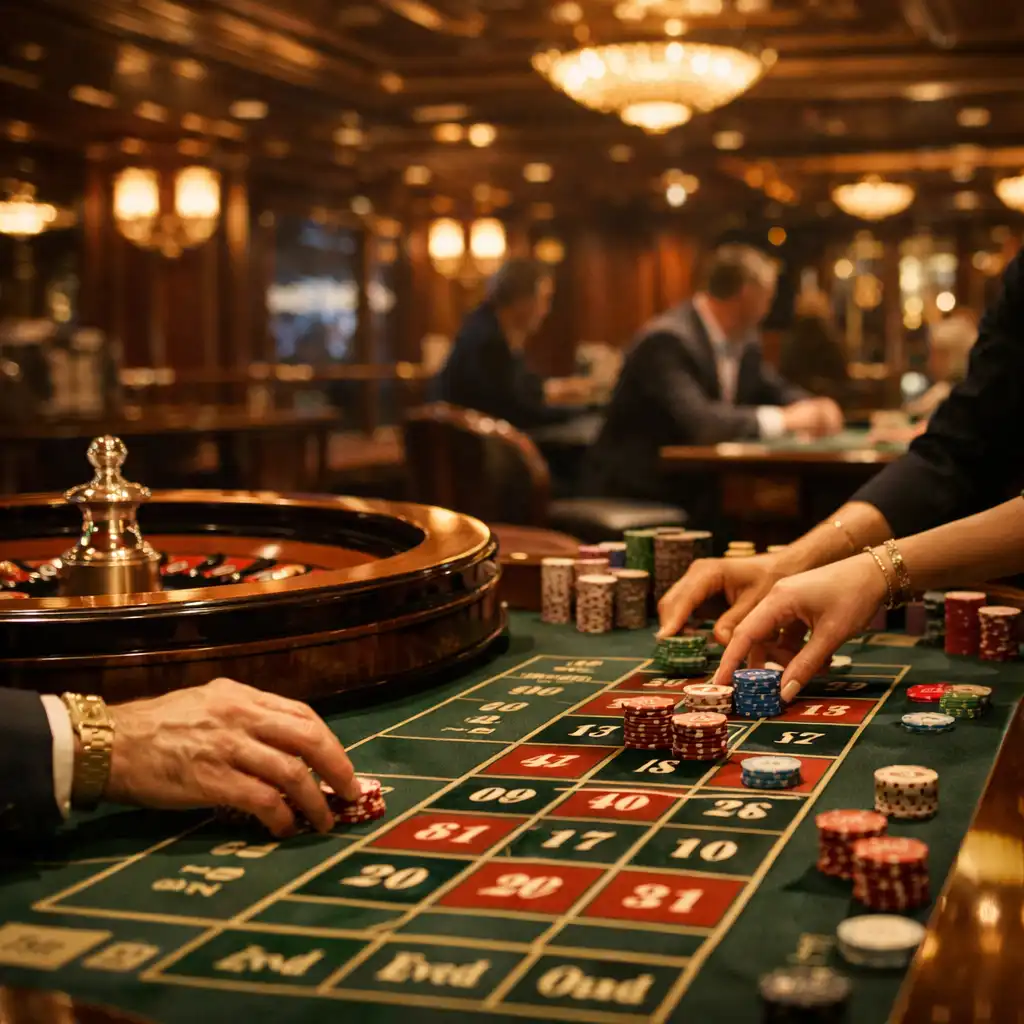 Atmospheric cruise ship casino interior with a roulette table in the foreground and soft lighting