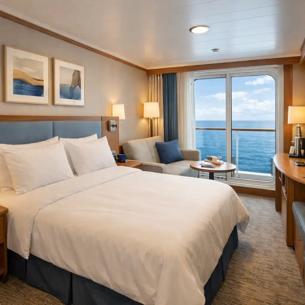 Modern cruise ship cabin with a neatly made bed and ocean view