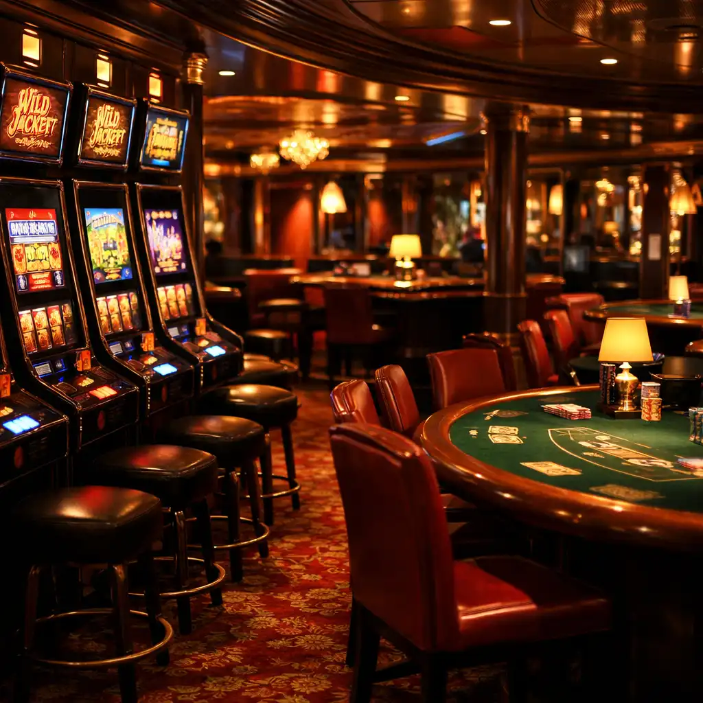 Cruise ship casino in the evening with low lighting and warm red and gold accents