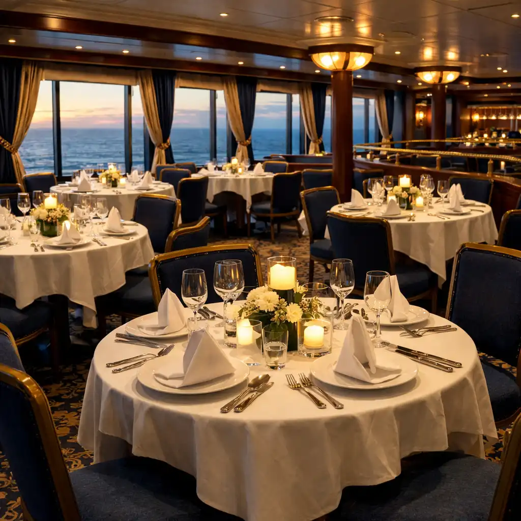 Elegant cruise ship dining room with white tablecloths and ocean views