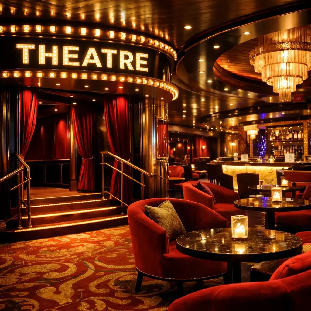 Cruise ship entertainment deck with theatre entrance and marquee lighting