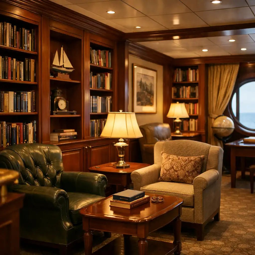 Quiet library on a cruise ship with wooden bookshelves and comfortable armchairs