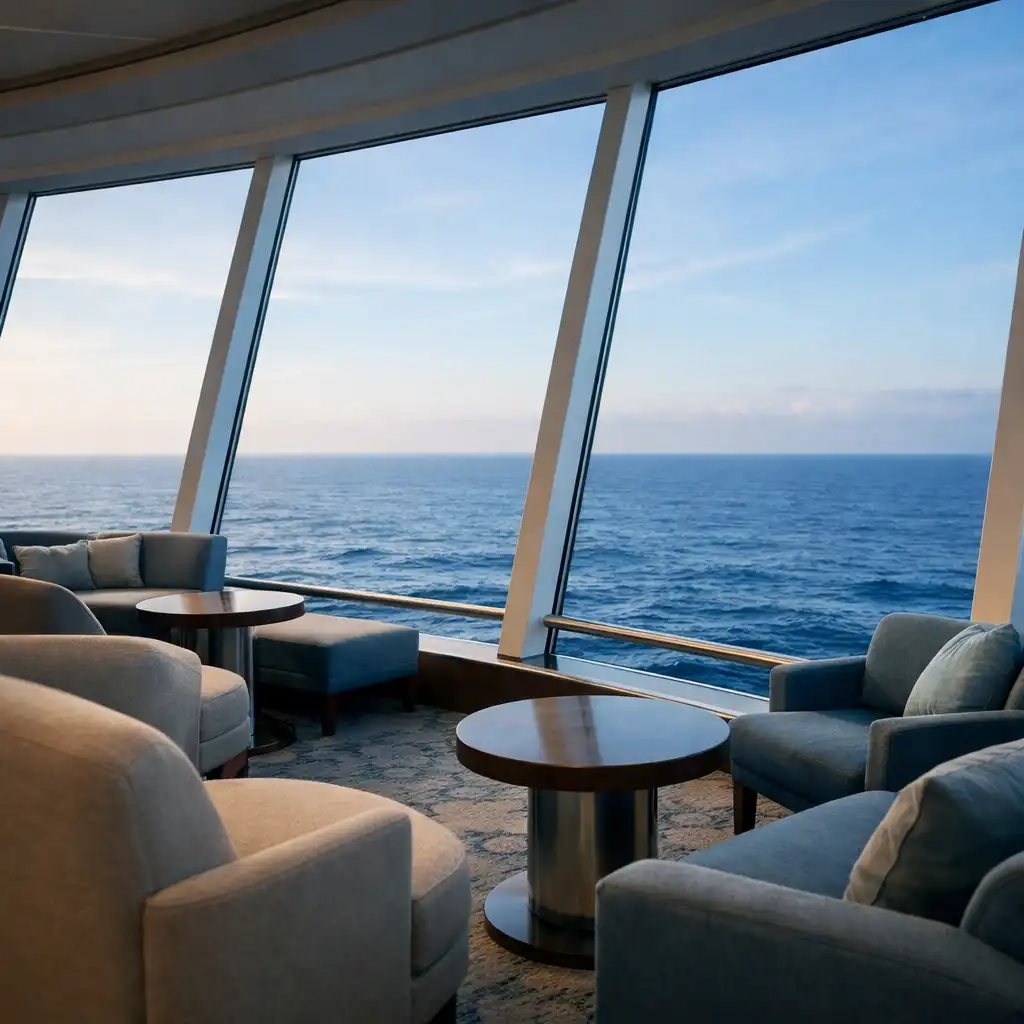 Cruise ship observation lounge with floor-to-ceiling windows and panoramic ocean view