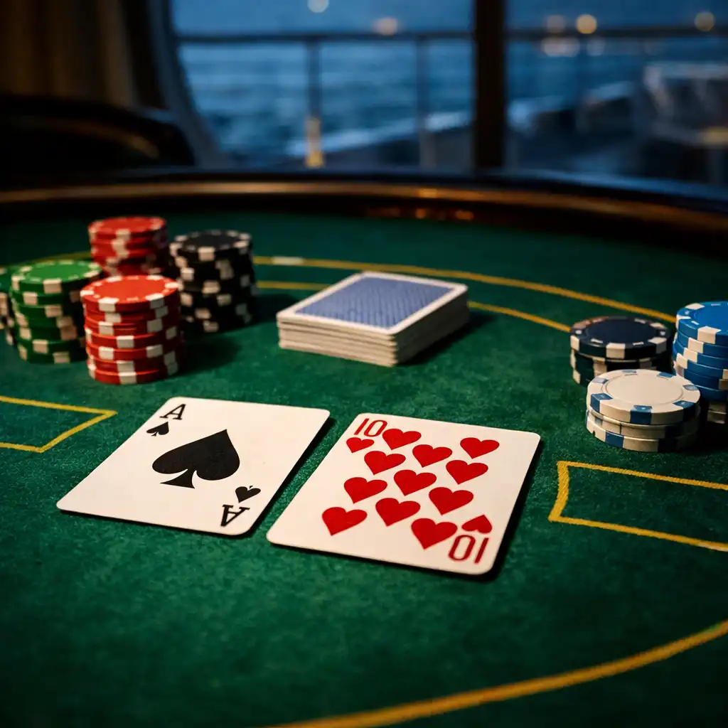 Close-up of a poker table with green felt, cards, and chips