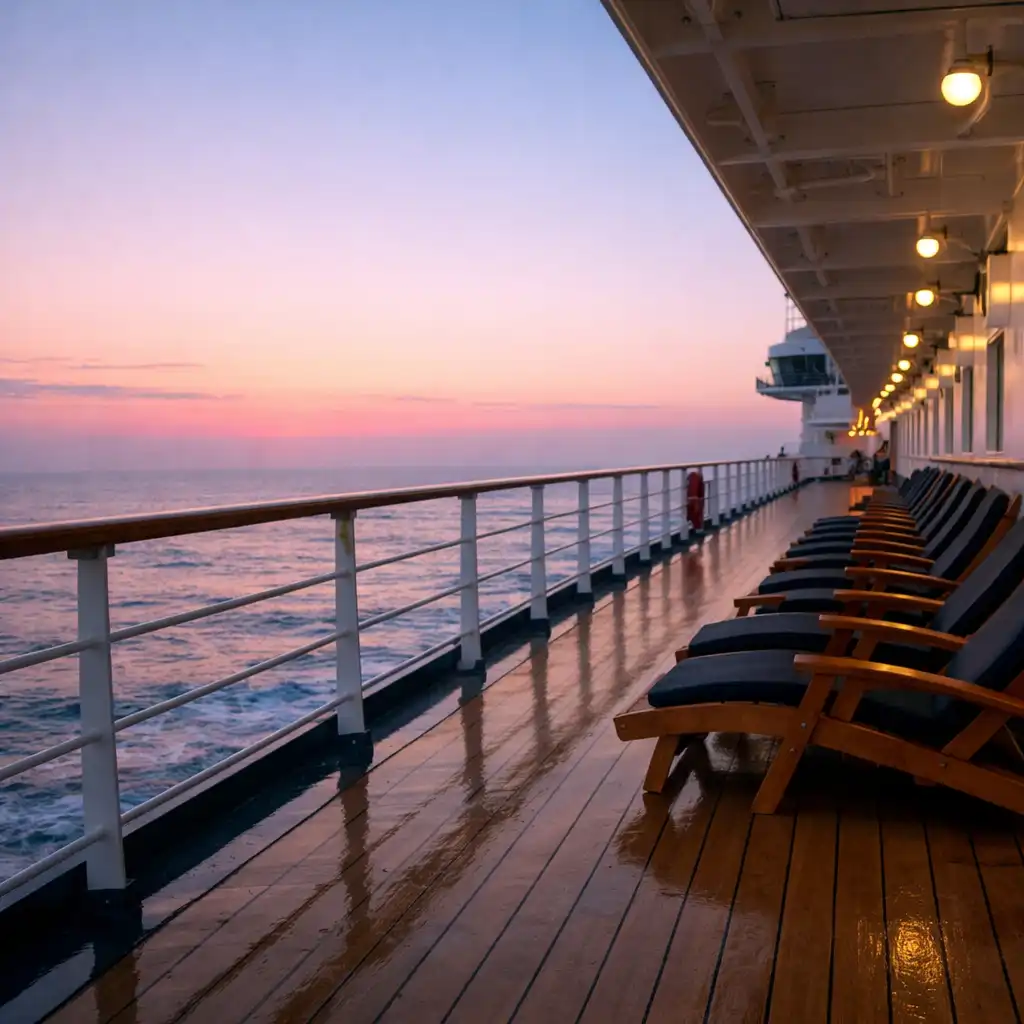 Cruise ship promenade deck at dawn with soft pink light over the ocean