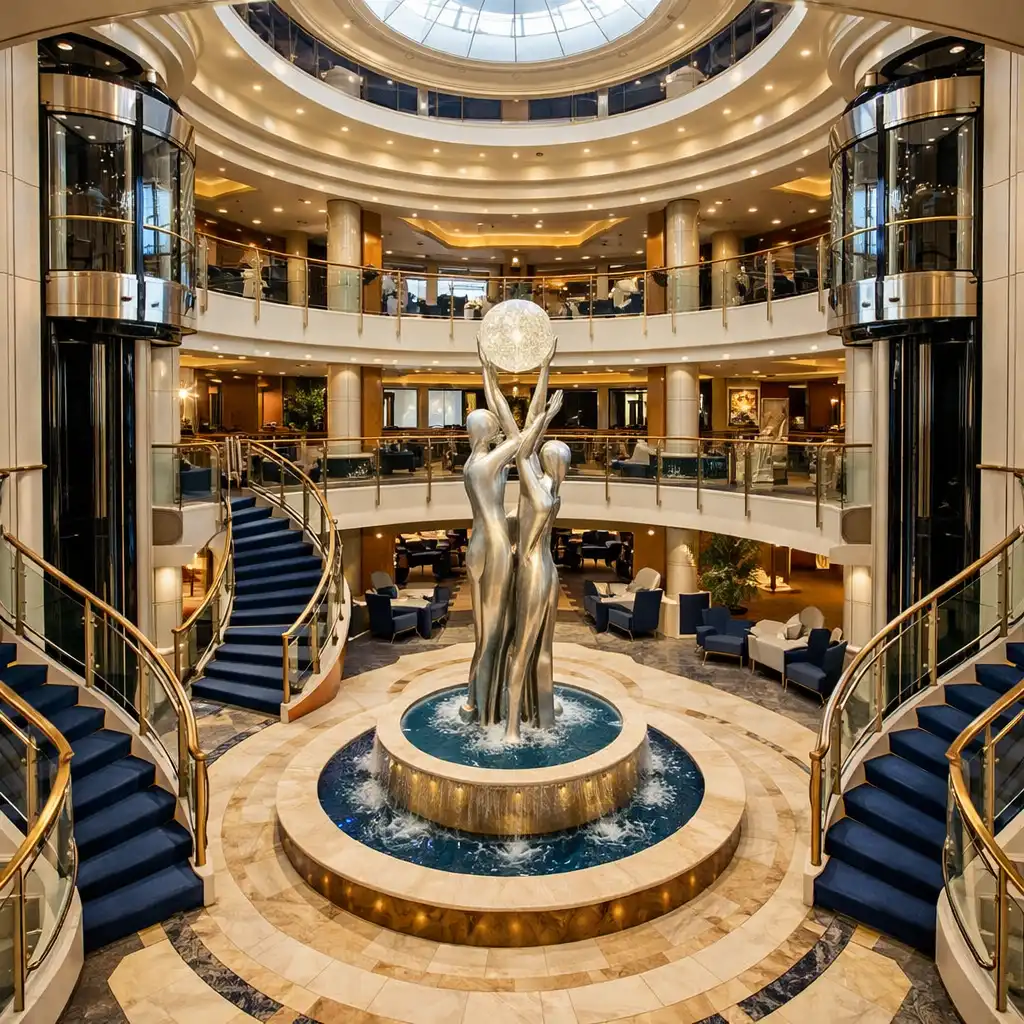 Cruise ship atrium with grand staircase and glass elevators