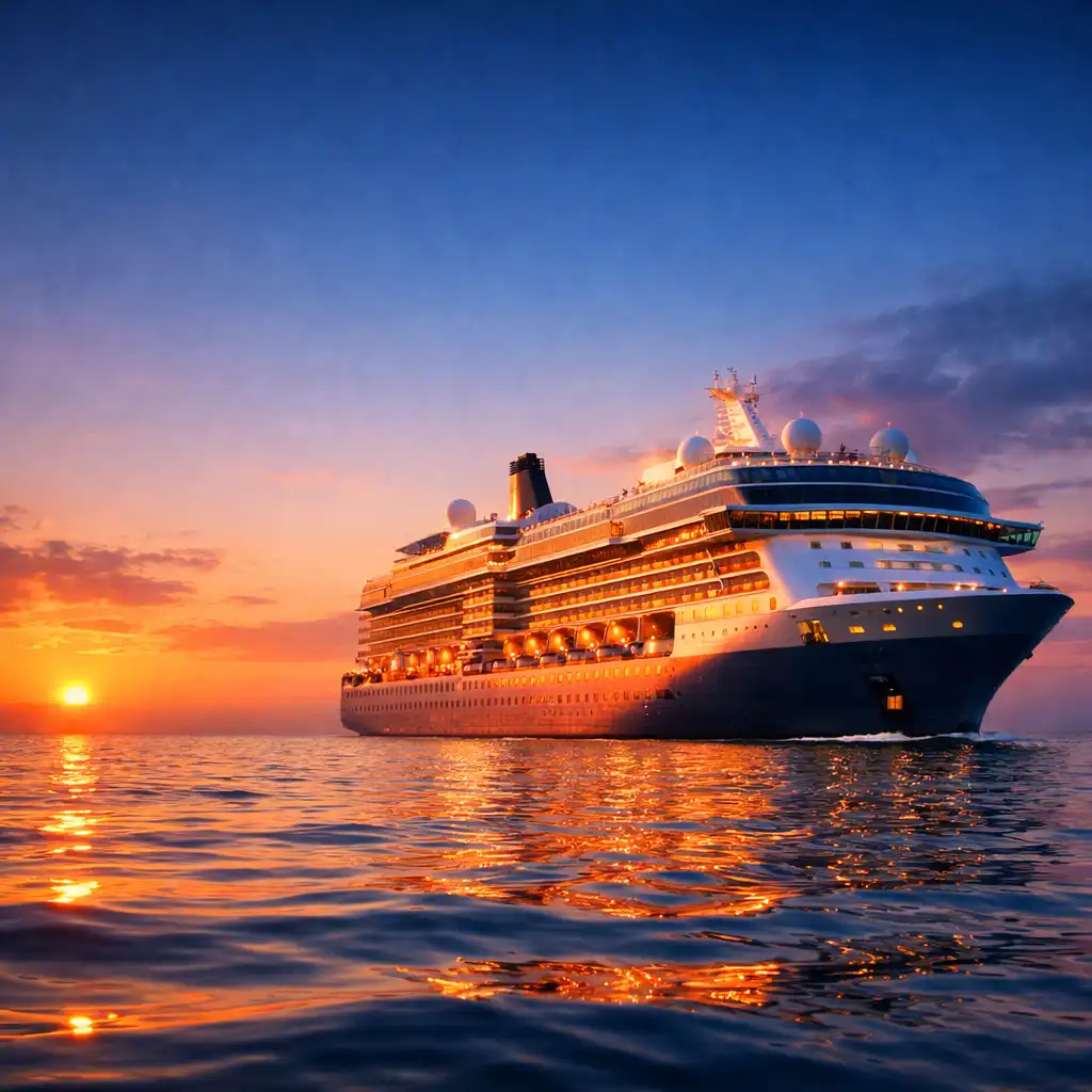 A modern cruise ship at sunset with warm orange and pink light reflecting on calm water