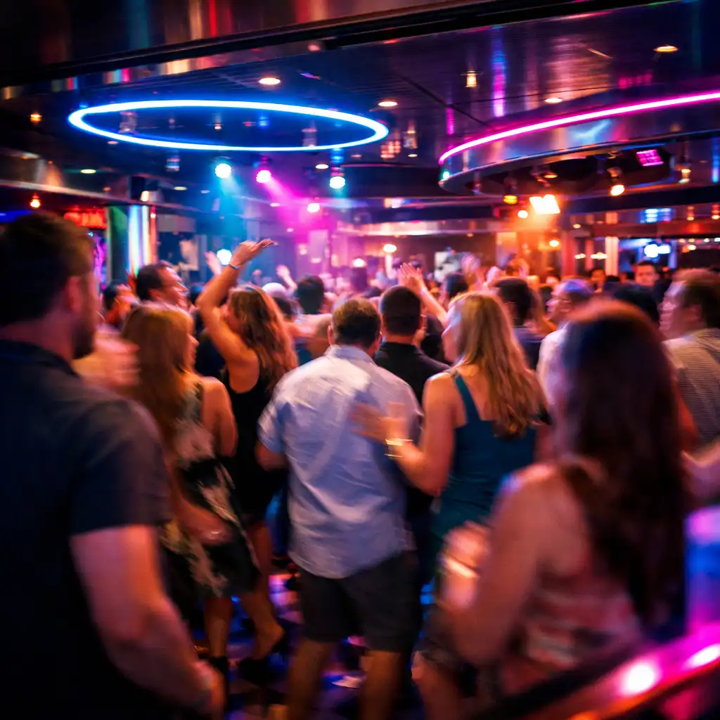 A crowded cruise ship dance floor under colorful moving lights