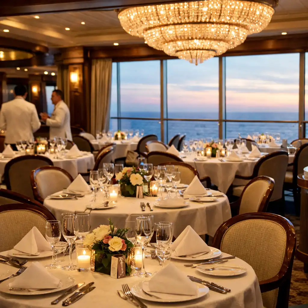An elegant cruise ship main dining room with white tablecloths, crystal glassware, and large windows overlooking the ocean