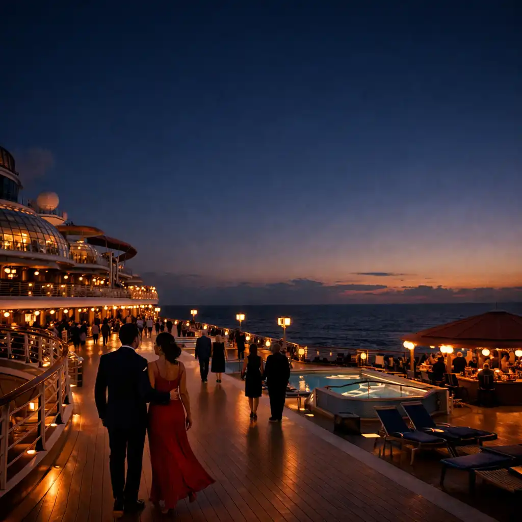 Wide-angle view of a cruise ship entertainment deck at dusk with warm lights beginning to glow along the promenade