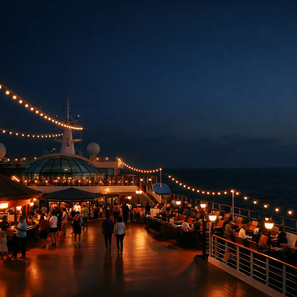 Wide shot of a cruise ship entertainment deck at night with strings of lights and passengers moving between venues