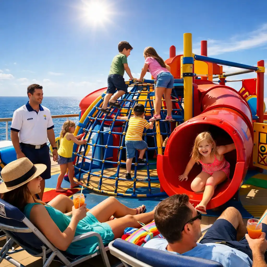 A vibrant cruise ship family deck area with children playing on a colorful climbing structure and parents relaxing nearby