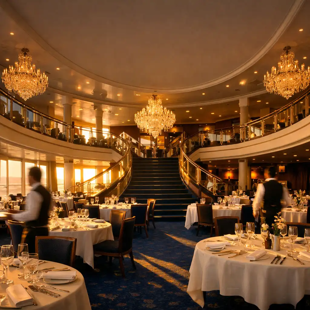 A grand two-level cruise ship dining room at golden hour with warm sunlight streaming through floor-to-ceiling windows.