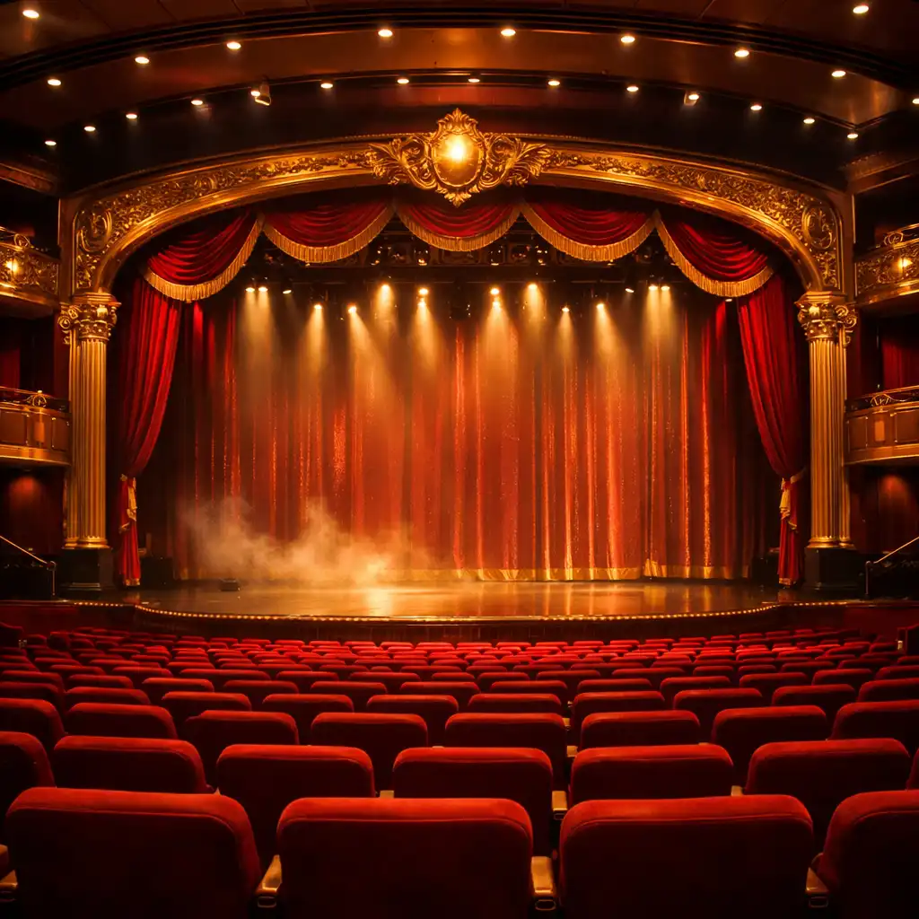 Interior of a grand cruise ship theatre with red velvet seats and a glowing stage