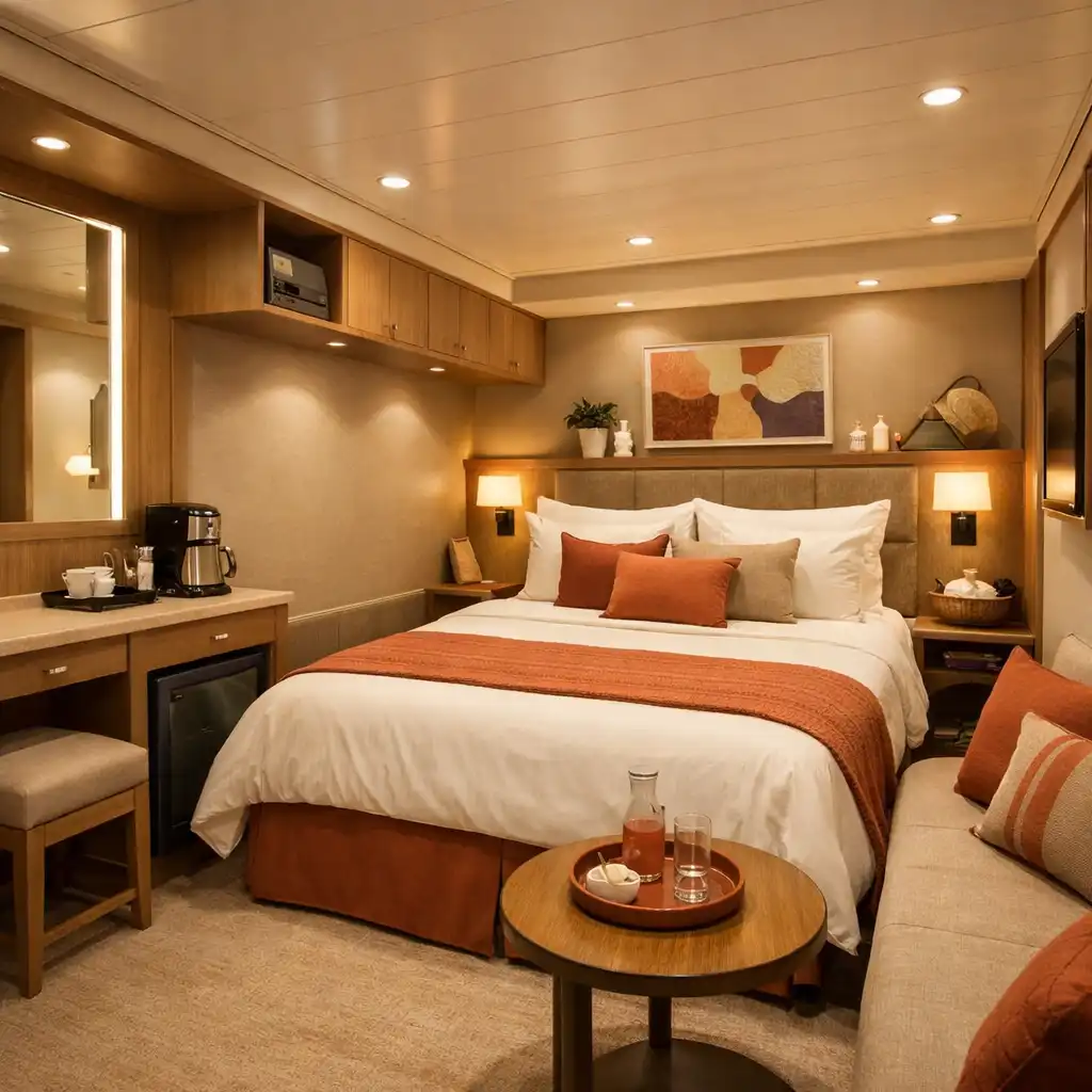A well-designed interior cruise cabin without windows, warm ambient lighting, neutral palette with terracotta accents, and clever storage.