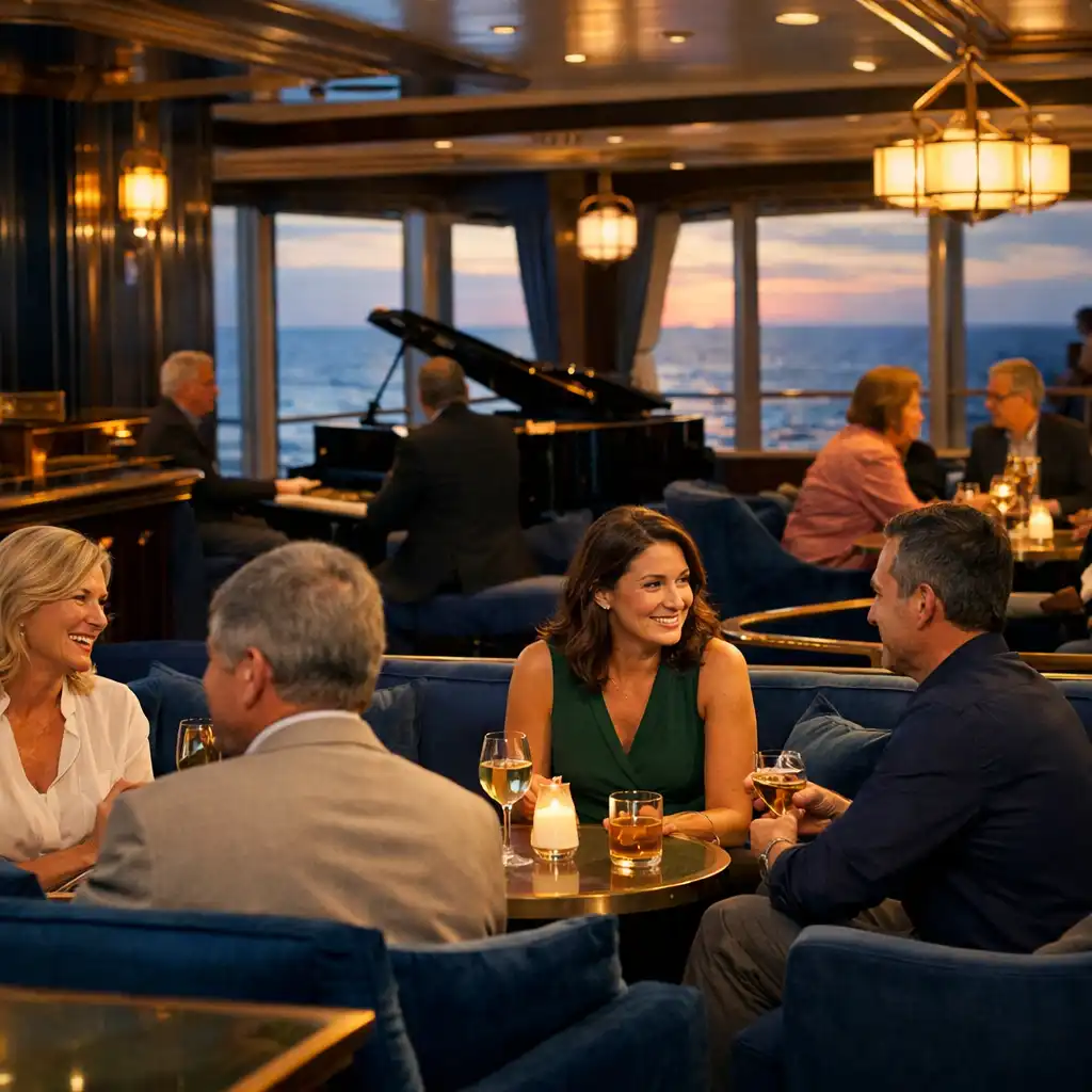 Stylish cruise ship lounge with deep blue and brass accents, passengers conversing, and a pianist in the background