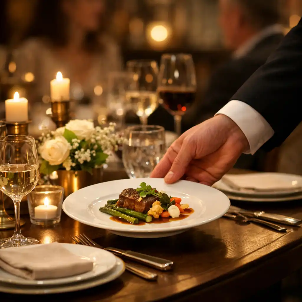 A waiter's hand placing an elegantly plated dish on a refined dining room table with fine china and crystal glasses.