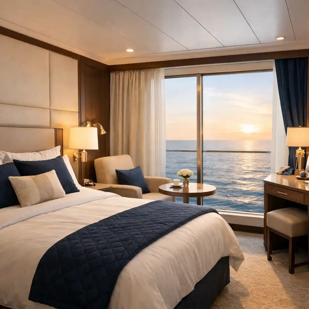 A stylish modern cruise cabin with a large window overlooking the ocean, warm cream and navy tones, plush bedding, and brass accents.