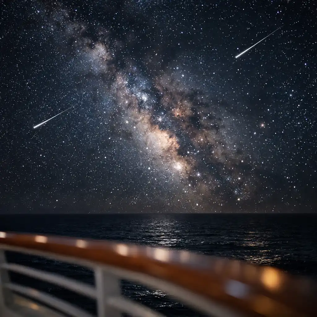 A view of the Milky Way over the ocean from the deck of a cruise ship