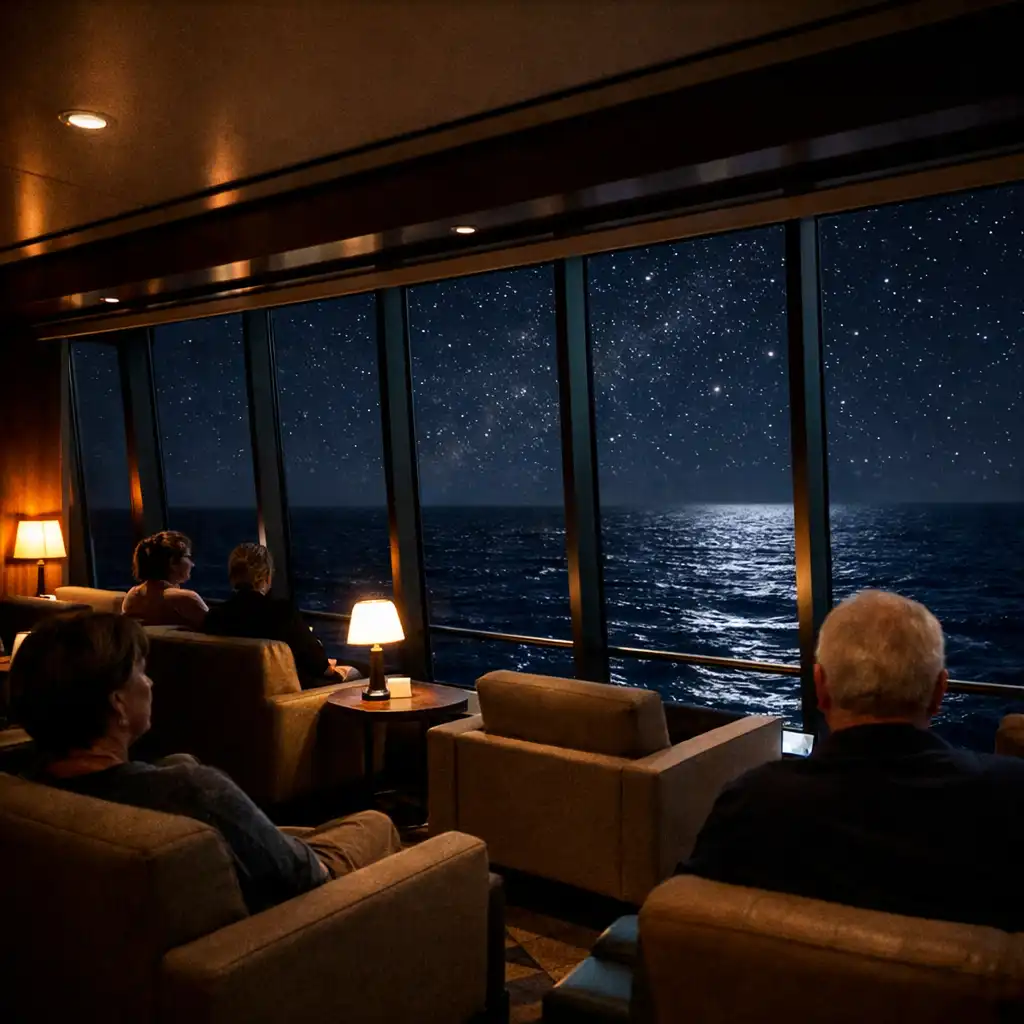 An observation lounge at night with floor-to-ceiling windows overlooking the dark ocean