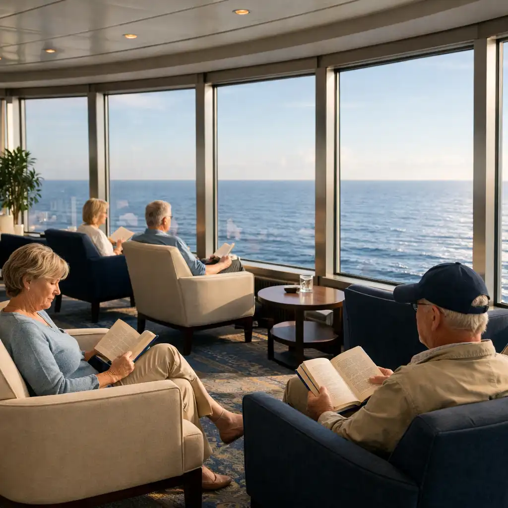 Serene cruise ship observation lounge with floor-to-ceiling windows and panoramic ocean views