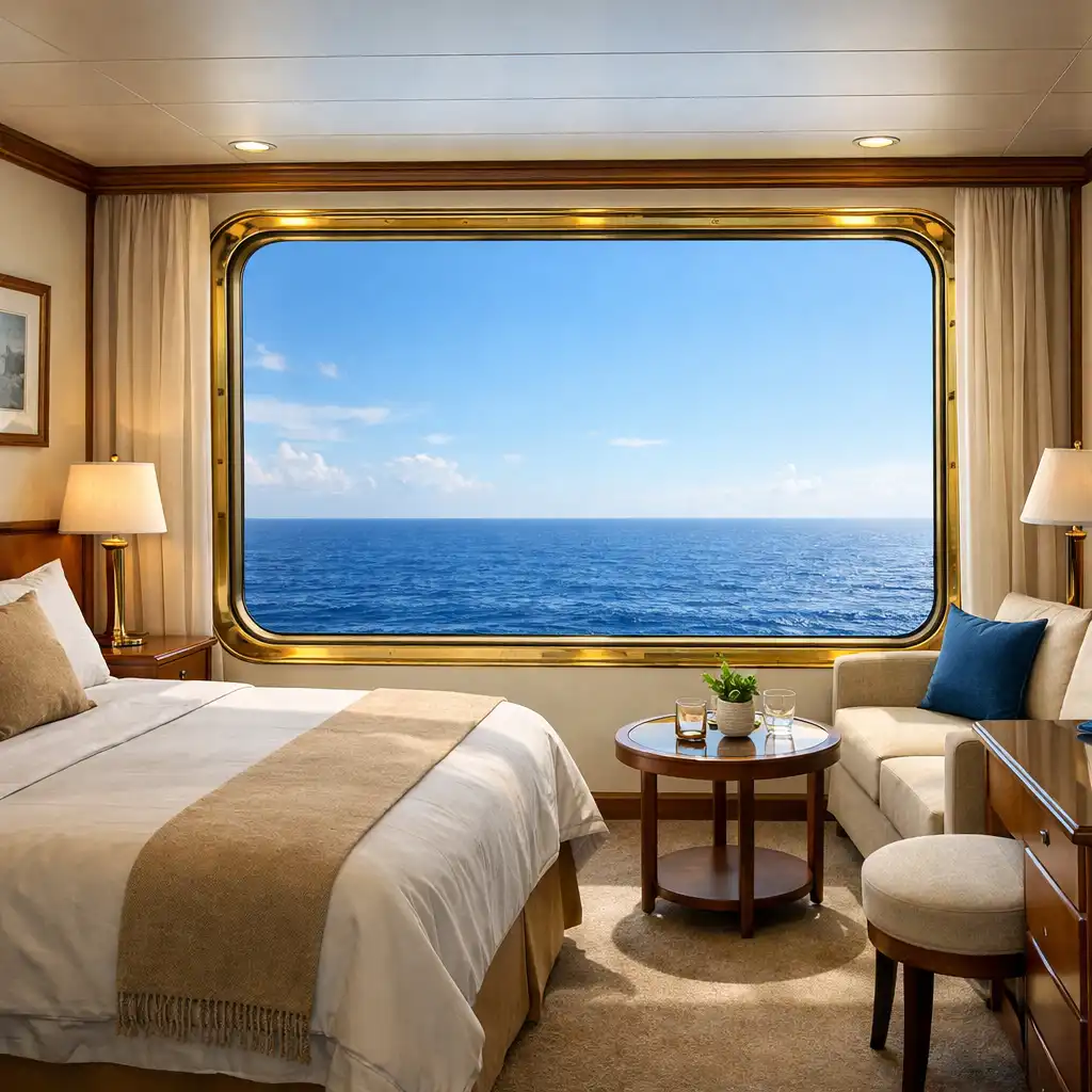 An oceanview cruise cabin with a large picture window framing a blue sea and sky, natural light filling the room, and a brass window frame.