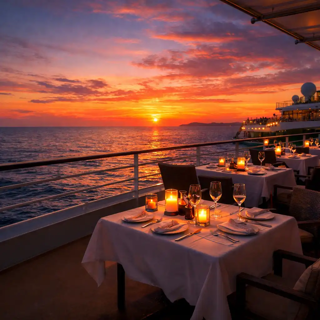 An outdoor dining area on a cruise ship at sunset with tables set for dinner and a stunning view of the ocean and horizon.