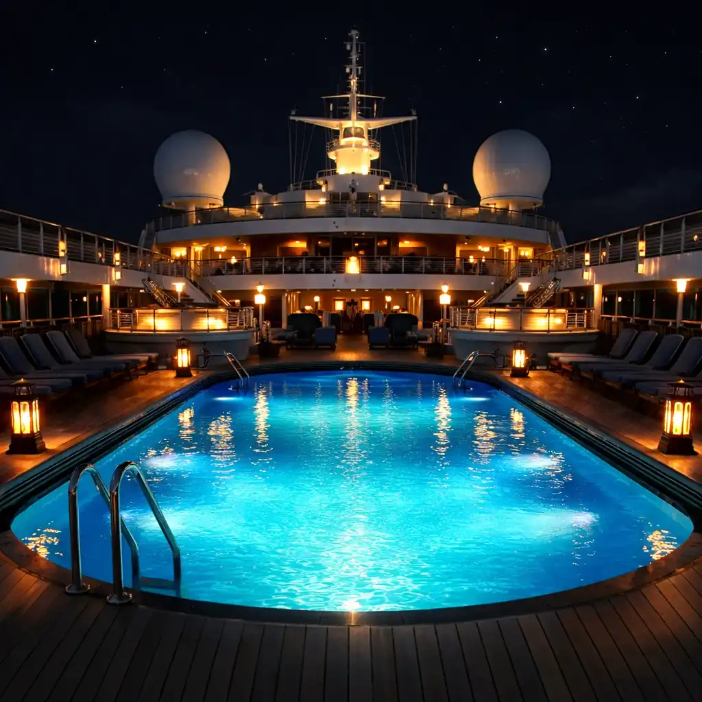 A cruise ship pool glowing with underwater lights at night