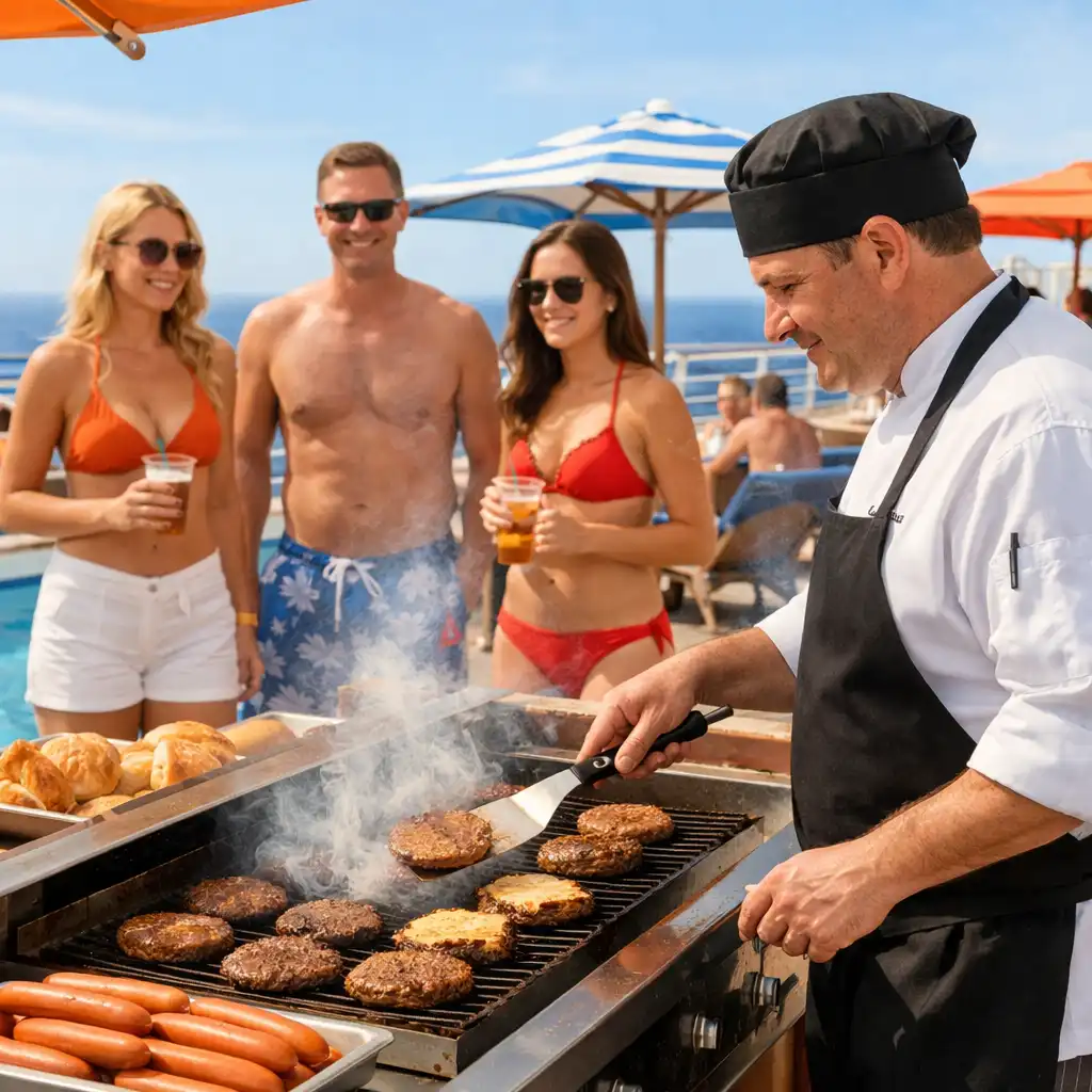 A casual poolside grill on a cruise ship with a chef flipping burgers while passengers in swimwear wait nearby.