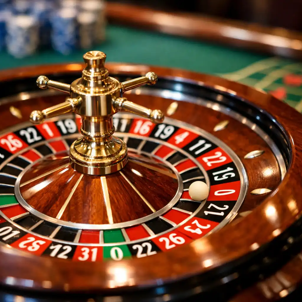A close-up of a roulette wheel with the ball resting in a pocket