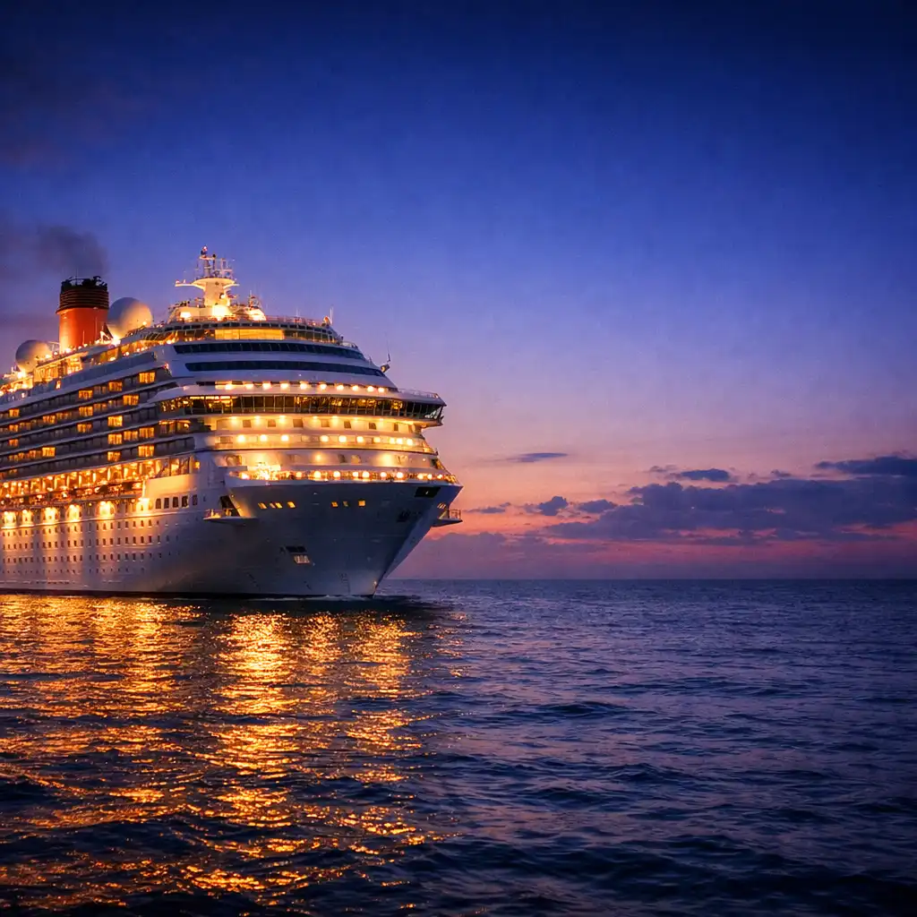 A cruise ship at dusk with its lights beginning to glow against a deep blue sky