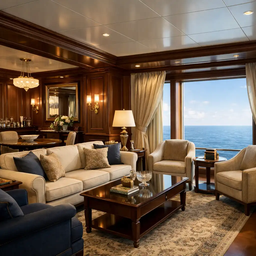 A luxurious cruise suite living area with separate seating, rich wood panelling, brass accents, and large windows with an ocean view.