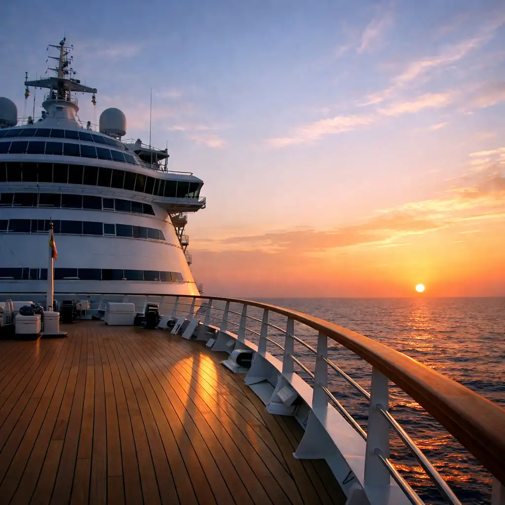 Sunrise over the bow of a modern cruise ship, with the sun rising over the horizon and casting long shadows across the teak deck