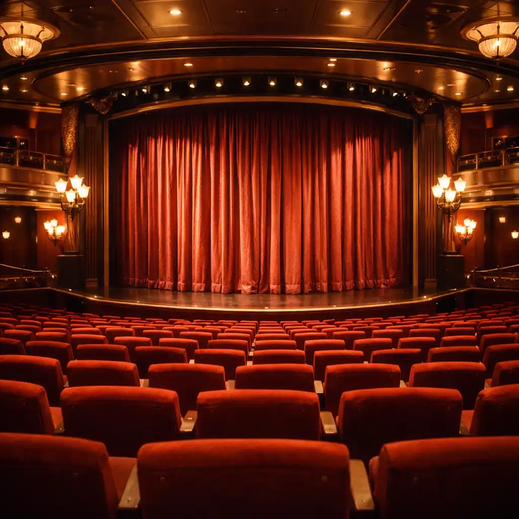 The interior of a cruise ship theatre with plush red seats and a grand stage