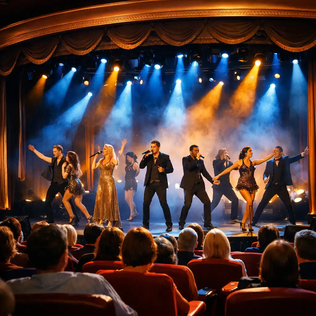 A cruise ship theatre during an evening performance with dramatic blue and amber stage lighting and a full audience